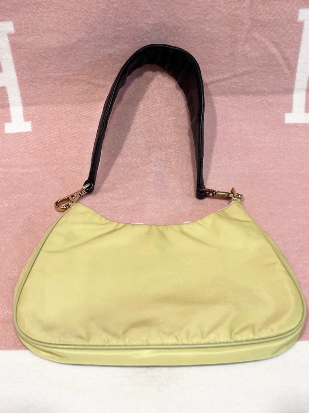 PRADA🌟Neon Yellow/green NO STAINS! Nylon Shoulder Bag. Black leather Prada add - Picture 8 of 13
